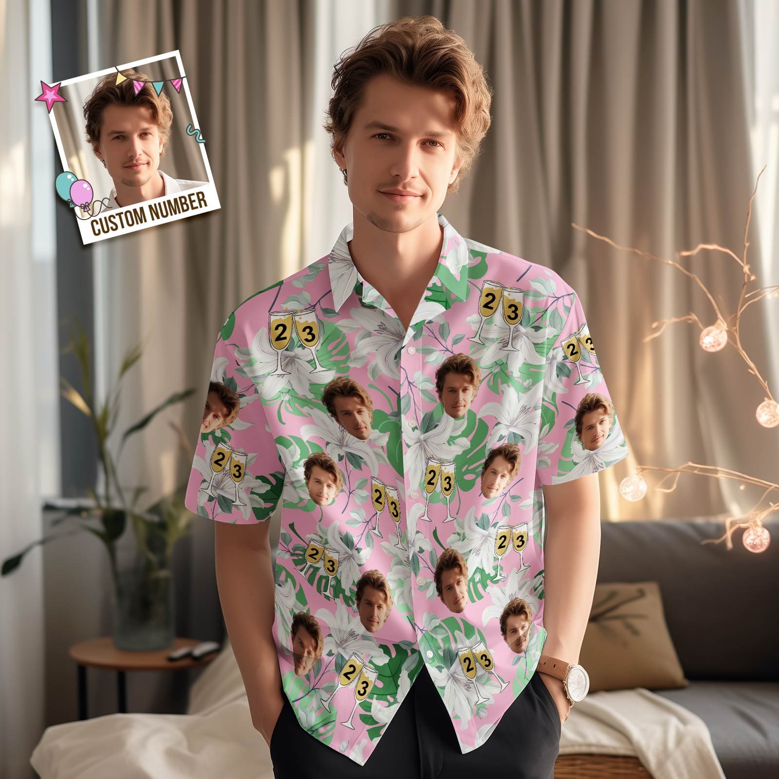 Custom Face Hawaiian Shirt Number in Wine Glass Pink And Green Sleeves Face Hawaiian Shirt Gift for Him - Image 2