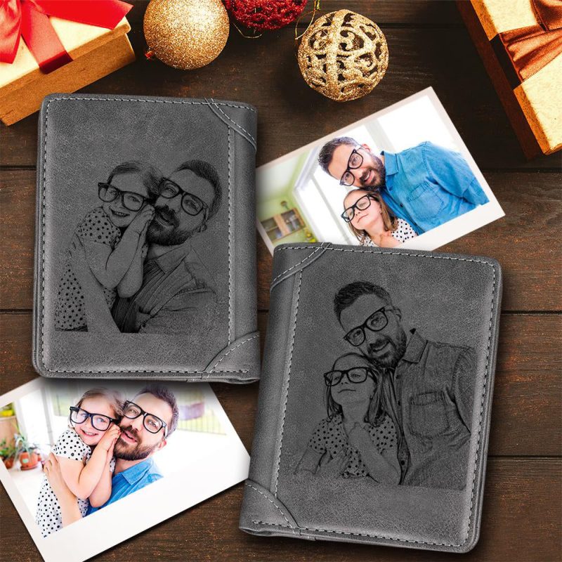 Custom Short Double-Sided Photo Engraved Wallet Grey Leather