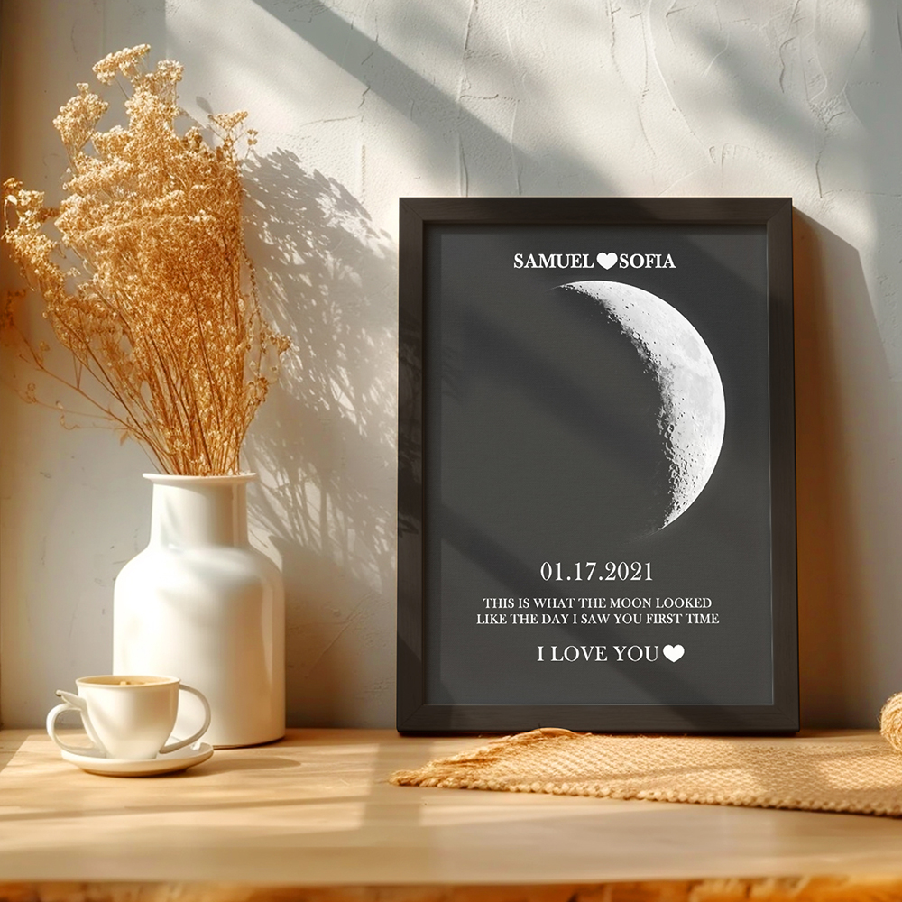Custom Silver Moon Phase and Names Wooden Frame with Your Text Custom Couple Art Frame Best Valentine's Day Gift - soufeeluk
