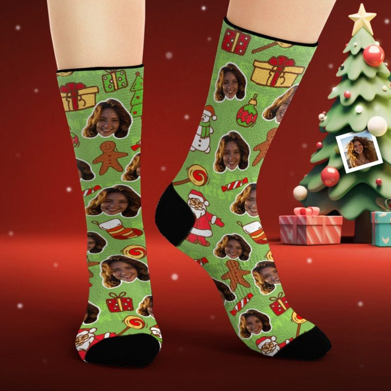 Custom Face Socks Personalized Photo Green Socks Christmas Gifts