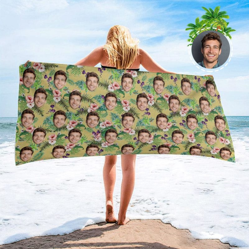 Personalized Beach Towels with Photo Custom Colorful Flowers and Leaves Beach Towel