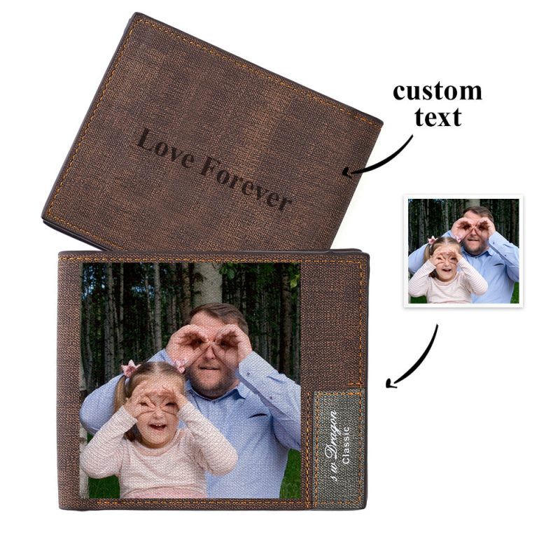 Gift for Him Men’s Wallet Custom Photo Wallet Men’s Bifold Short Wallet Brown Color Printing for Dad