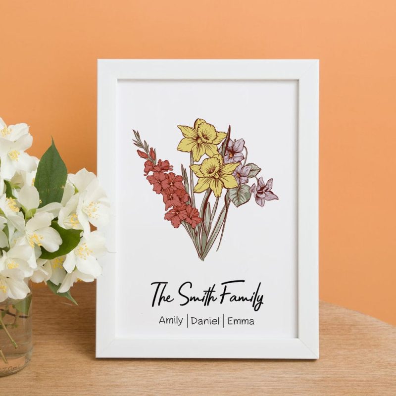 Personalized Birth flower Bouquet White Names Frame Gift for Mom
