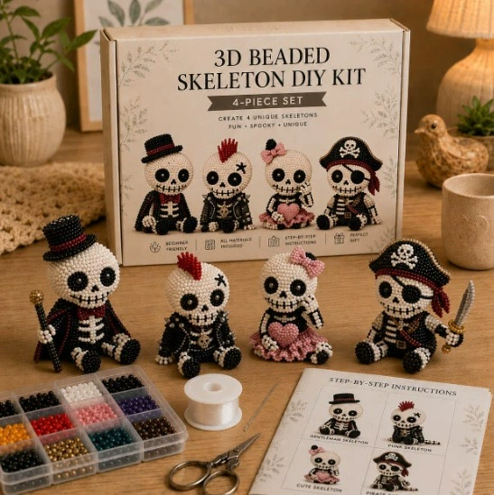 3D Beaded Skeleton DIY Craft Kit, Handmade Figurine Beading Set Beginner Friendly Project for Halloween Decor Creative Gifts