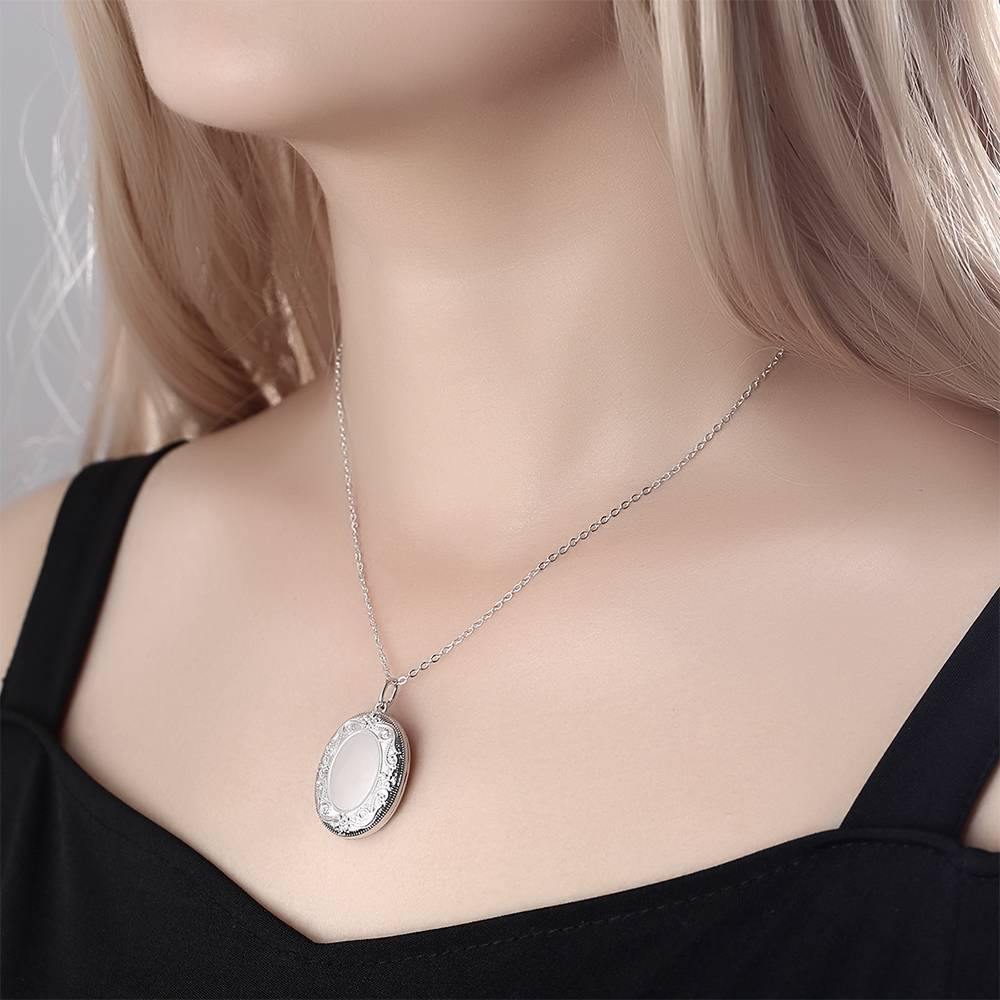 Oval Photo Locket Necklace With Engraving Name Embossed Platinum Plated - Image 2