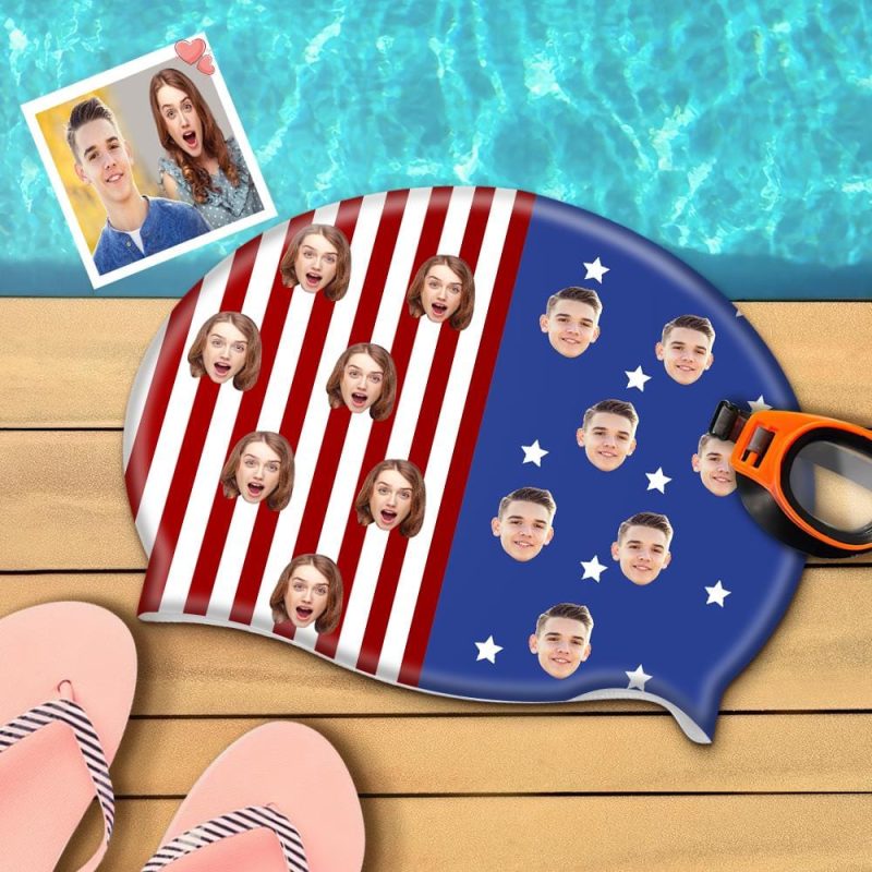 Personalized Swim Caps with Face Silicone Printed Cap Gifts For Couple – American Flag