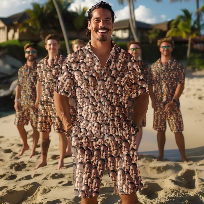 Custom Face Hawaiian Shirt And Beach Shorts Set Personalized Men’s Photo Face Mash Set Vacation Party Gift for Company