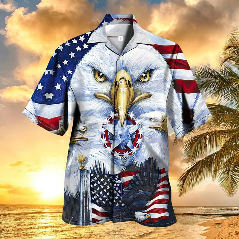 Men’s Short Sleeve USA Eagle Patriotic Hawaiian Shirts USA Flag Independence Day Shirts
