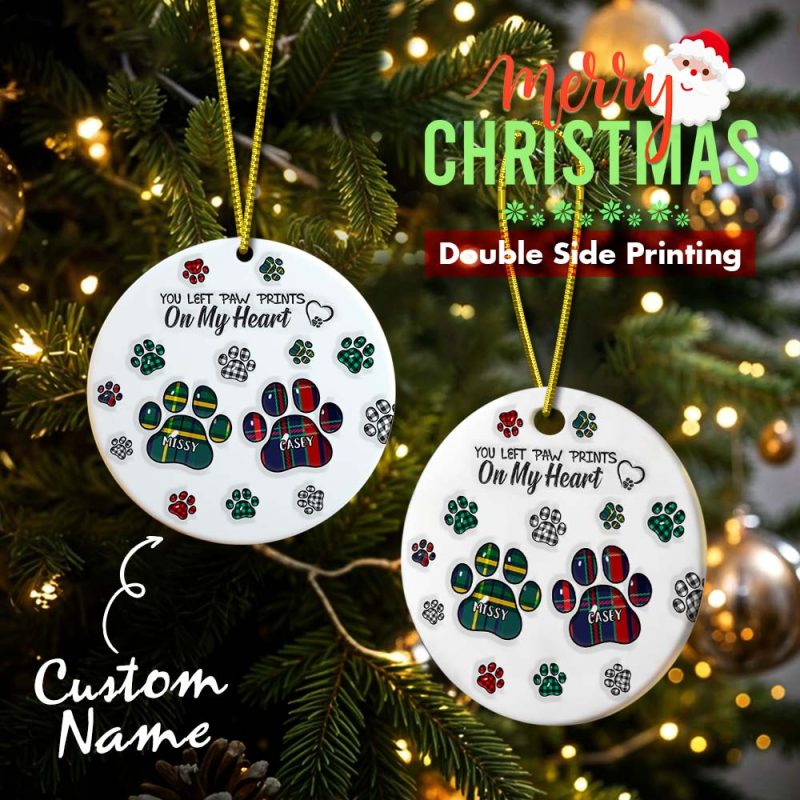 Memorial Dog Cat You Left Paw Prints On My Heart – 3D Inflated Effect Printed Ornament, Personalized Circle Ceramic Ornament