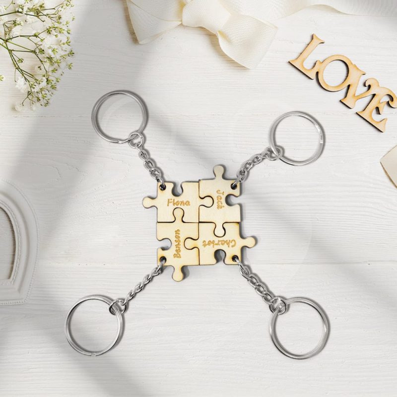 Custom Puzzle Keychain Engraved 4 Pieces Jigsaw Keychain Wooden Key Ring Gifts for Freinds