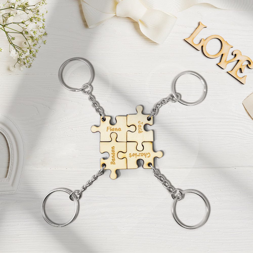 Custom Puzzle Keychain Engraved 4 Pieces Jigsaw Keychain Wooden Key Ring Gifts for Freinds