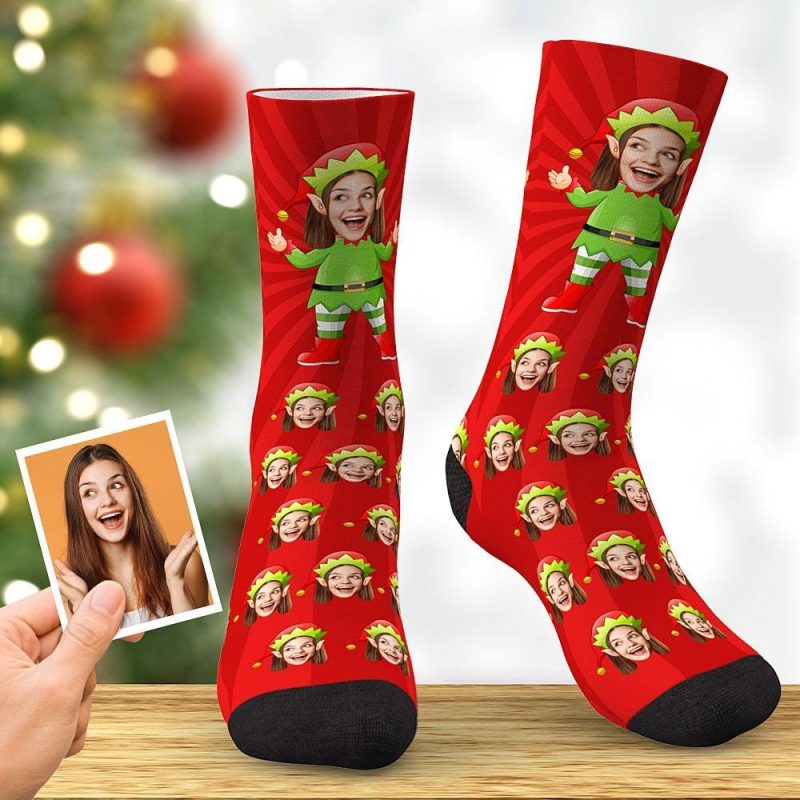 Custom Face Socks Elf Socks Christmas Gift for Her- Red