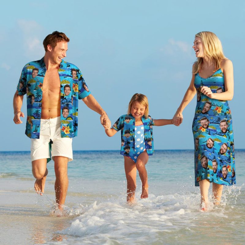 Custom Face Hawaiian Style Vice City Large Leaves Long Dress And Shirt Family Matching