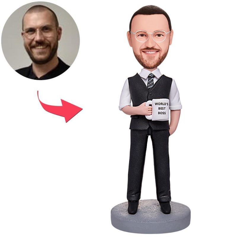 Custom World’s Best Boss Businessman Holding A Water Glass Bobbleheads With Engraved Text