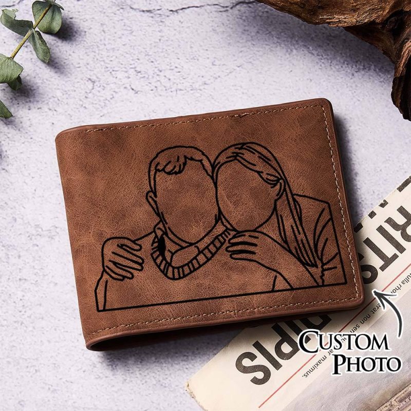 Personalized Photo Lin Art Wallets with Custom Text Inside Mens Leather Wallets for Him