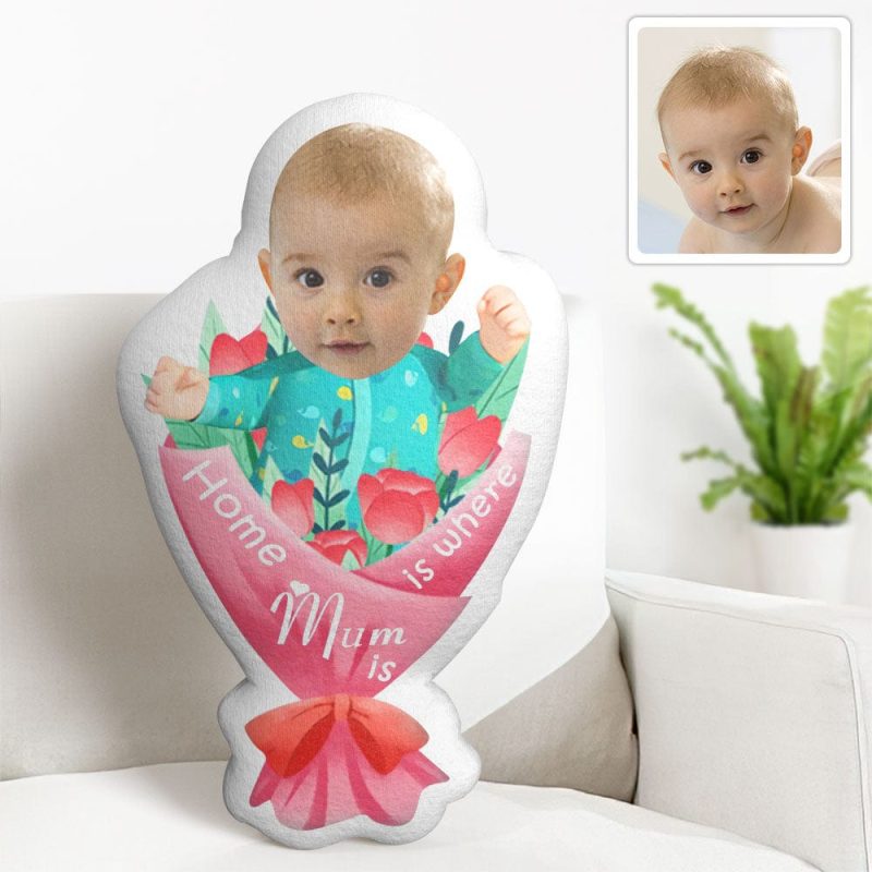 Custom Photo Face Pillow Mother’s Day Flower Face Pillow Home is Where Mum is