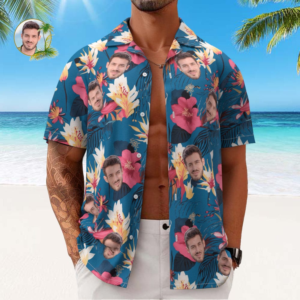 Custom Face All Over Print Men's Hawaiian Shirt Pink Flowers and Monstera Deliciosa - Image 2