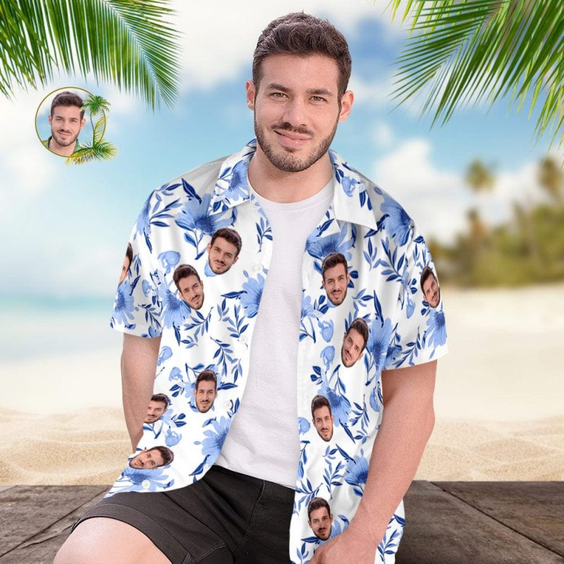 Custom Face All Over Print Men’s Hawaiian Shirt Blue Leaves Gift for Him