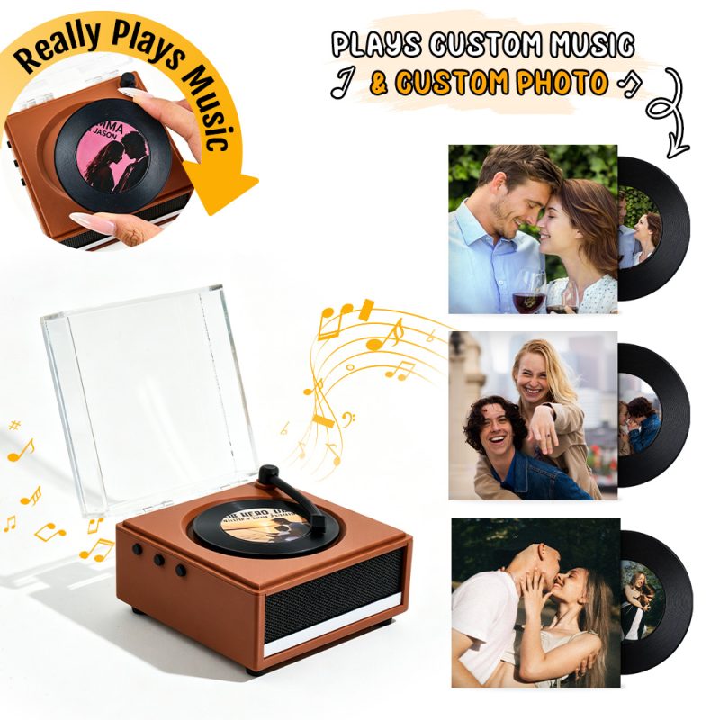 Personalized Mini Vinyl Music Player That Really Plays Music | Each Vinyl Can Play a Different Full Song, Custom Photo Album Cover, Vinyl Color, Anniversary Gift for Couples – Gift