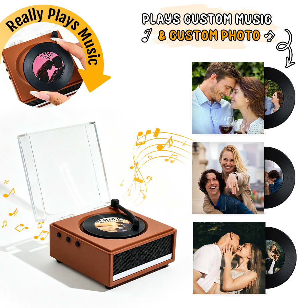 Personalized Mini Vinyl Music Player That Really Plays Music | Each Vinyl Can Play a Different Full Song, Custom Photo Album Cover, Vinyl Color, Anniversary Gift for Couples - Gift