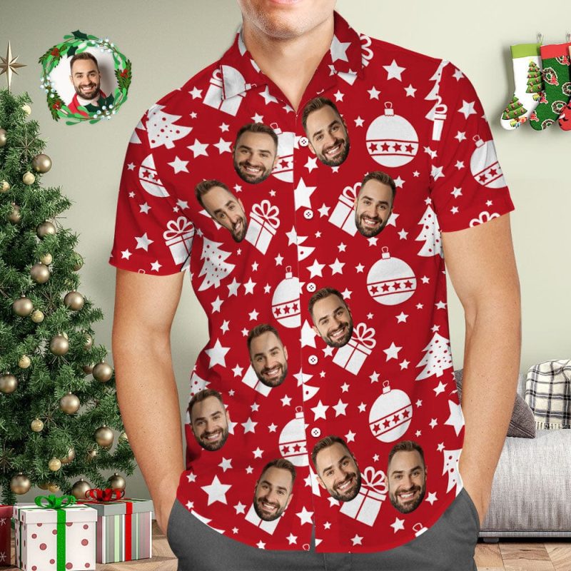Custom Face Men’s Hawaiian Shirt Personalized Photo Red Hawaiian Shirts Merry Christmas