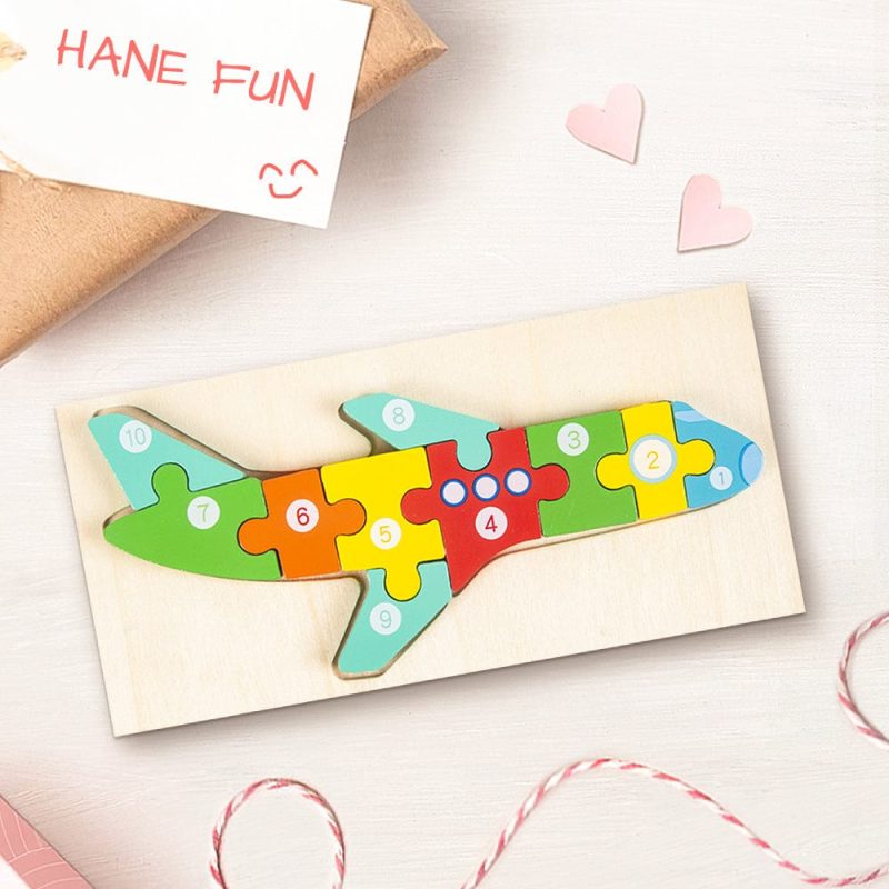 Wooden 3D Jigsaw Puzzle Airplane Number Block Puzzles Educational Learning Montessori Toys for Toddlers