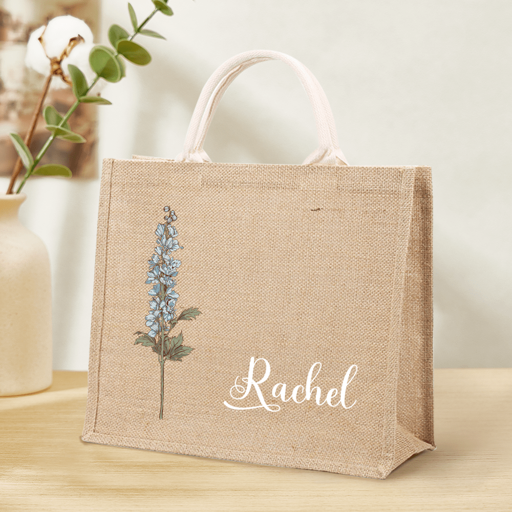 Personalized Birth Flower Beach Jute Tote Bag with Name Birthday Wedding Party Gifts for Her - Image 2