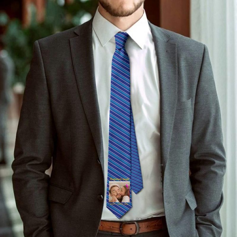 Father’s Day Ties Father-in-law Gift Picture Tie with Blue Stripes – “I Love You Dad”