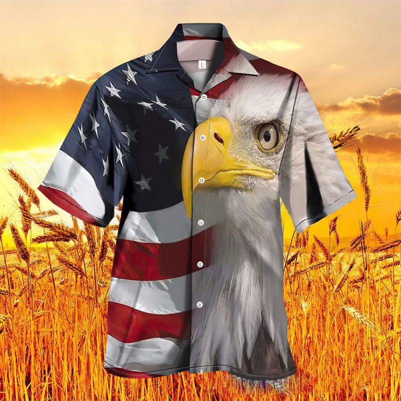 Men’s Short Sleeve USA Flag Eagle Patriotic Hawaiian Shirts Independence Day Shirts
