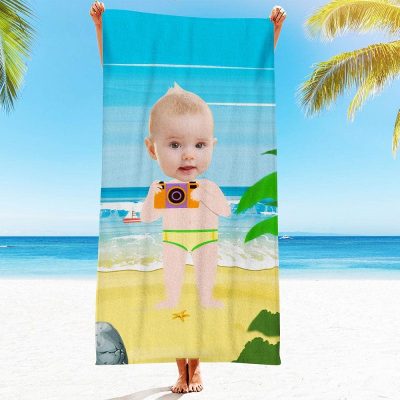 Custom Face Beach Towel Personalized Camera Boy Beach Towel Funny Gift for Summer