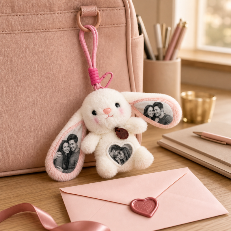 Custom Photo Bunny Plush Keychain – Personalized Hidden Ear Picture Bunny Gift for Loved Ones