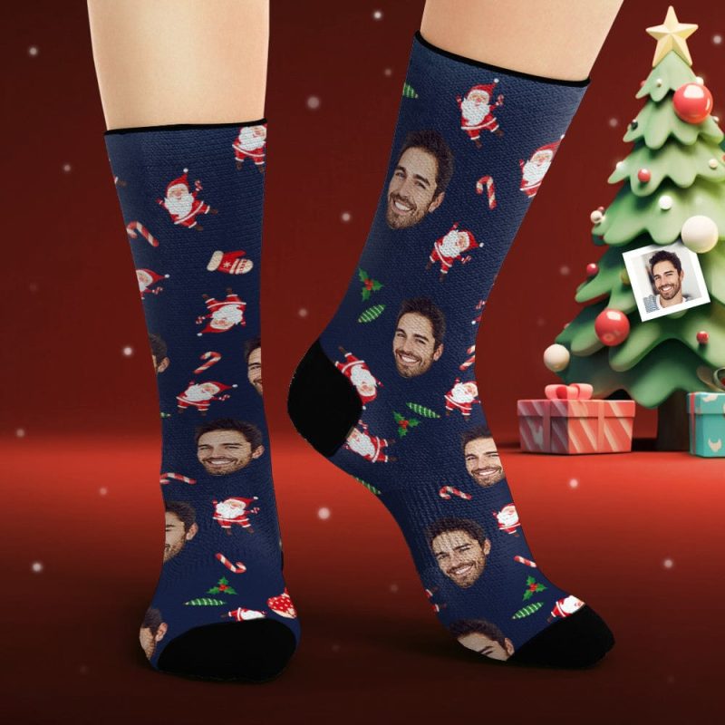 Custom Face Socks Personalized Photo Socks Happy Santa Claus Merry Christmas