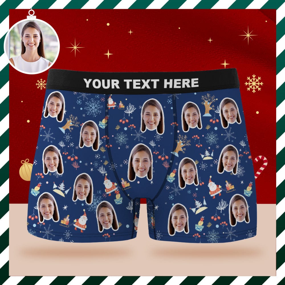 Custom Face Boxer Briefs Personalized Blue Underwear Santa Claus Merry Christmas Gift for Him - Image 2