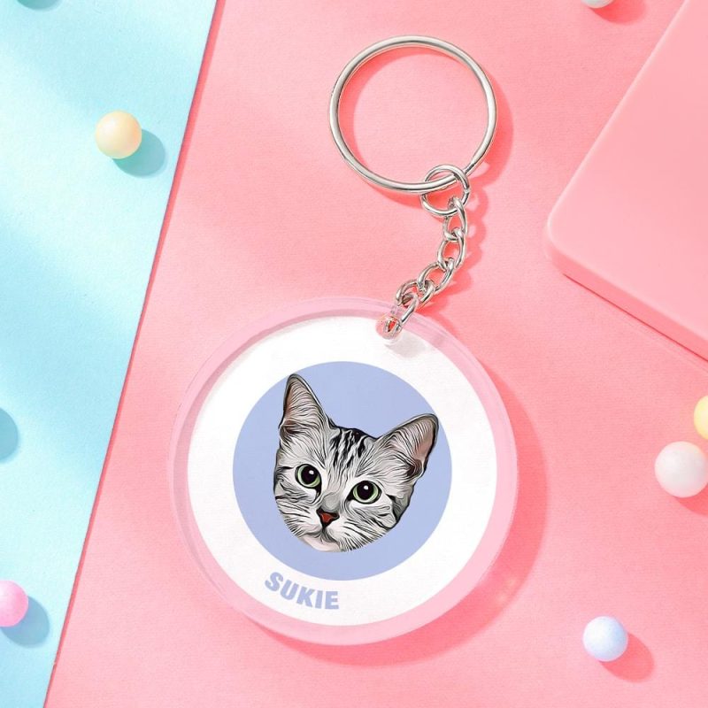 Custom Round Keychain Personalized Pet Photo with Name Keychains Gift for Pet Lover – Pink & Blue