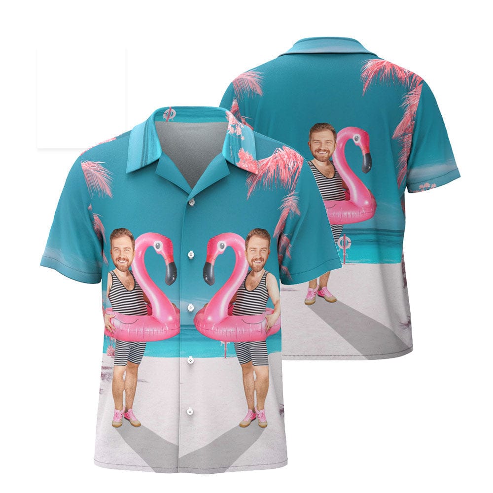 Custom Funny Face Flamingo Hawaiian Shirt Flamingo Swim Ring Hawaiian Shirt For Men - Image 2