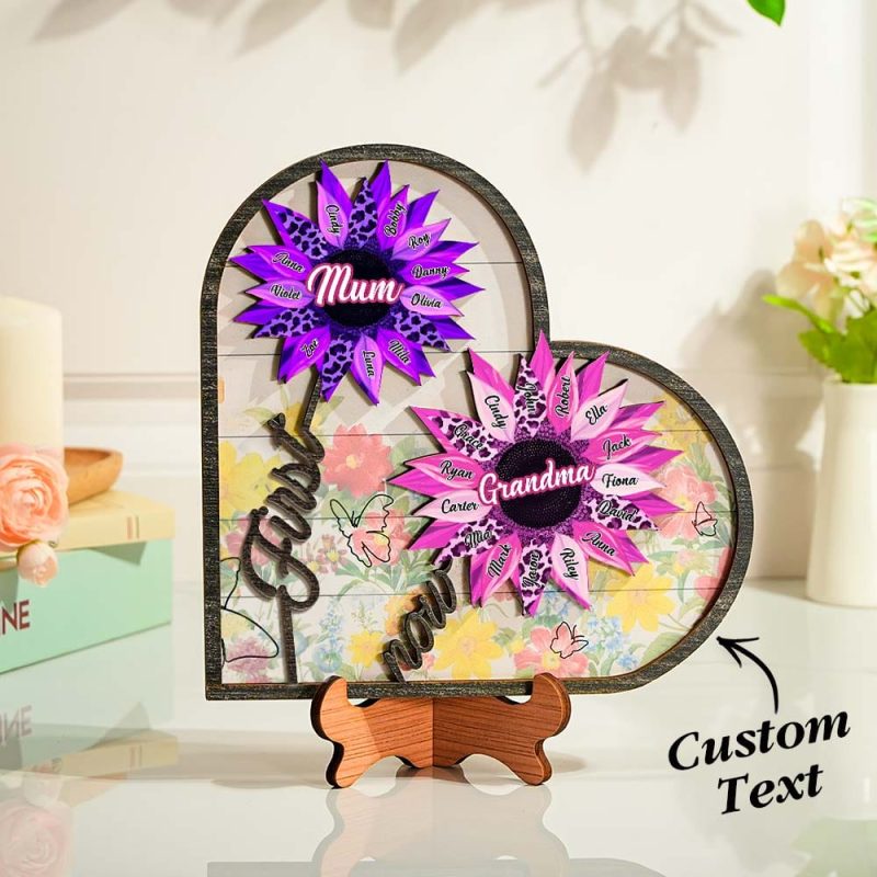 Personalized Names Wooden Plaque Heart Sunflower Gifts for Mom, Grandma Family Home Decor