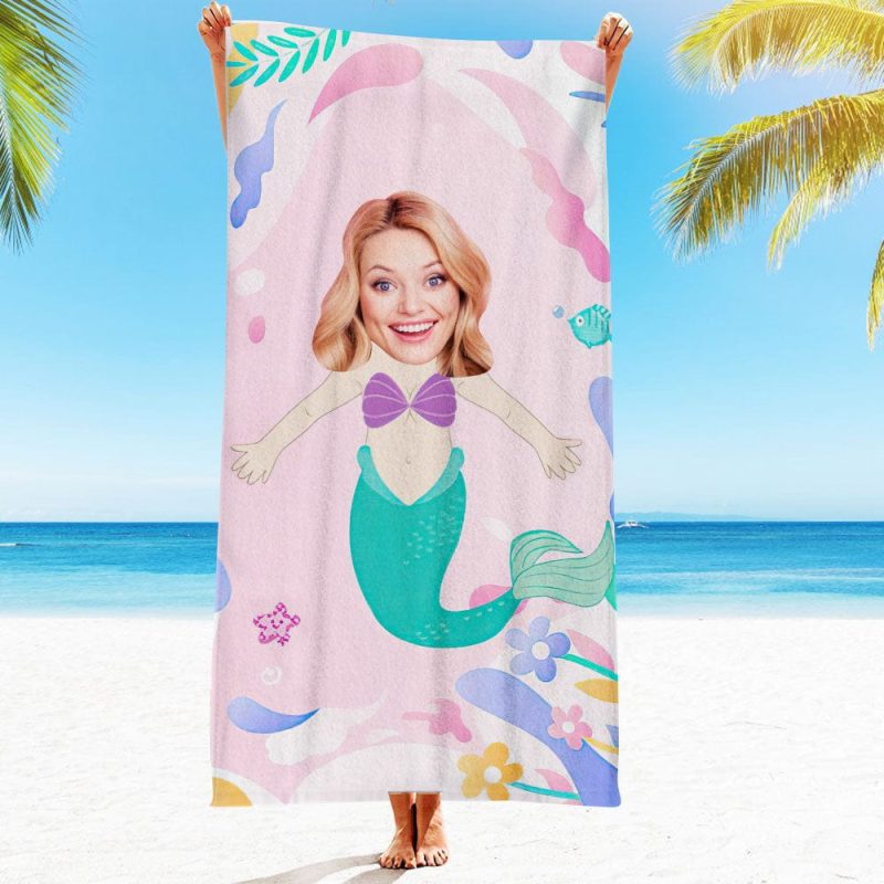 Custom Face Beach Towel Personalized Pretty Mermaid Style Beach Towel Funny Gift for Summer