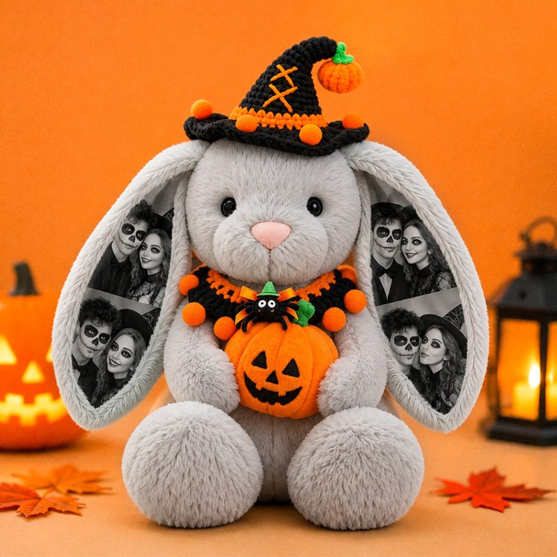 Custom Photo Halloween Plush Bunny, Personalized Photo Ears Rabbit Animal Stuffed Toy with Pumpkin & Witch Hat, Spooky Couple Gift for Halloween Decor