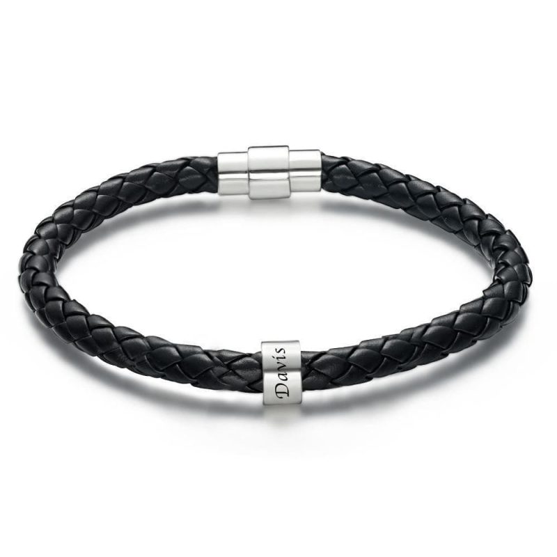 Men’s Leather Bracelet Custom Engraved Bracelet Black Leather Beads Bracelet Small Custom Bead for Him 1-6 Charms