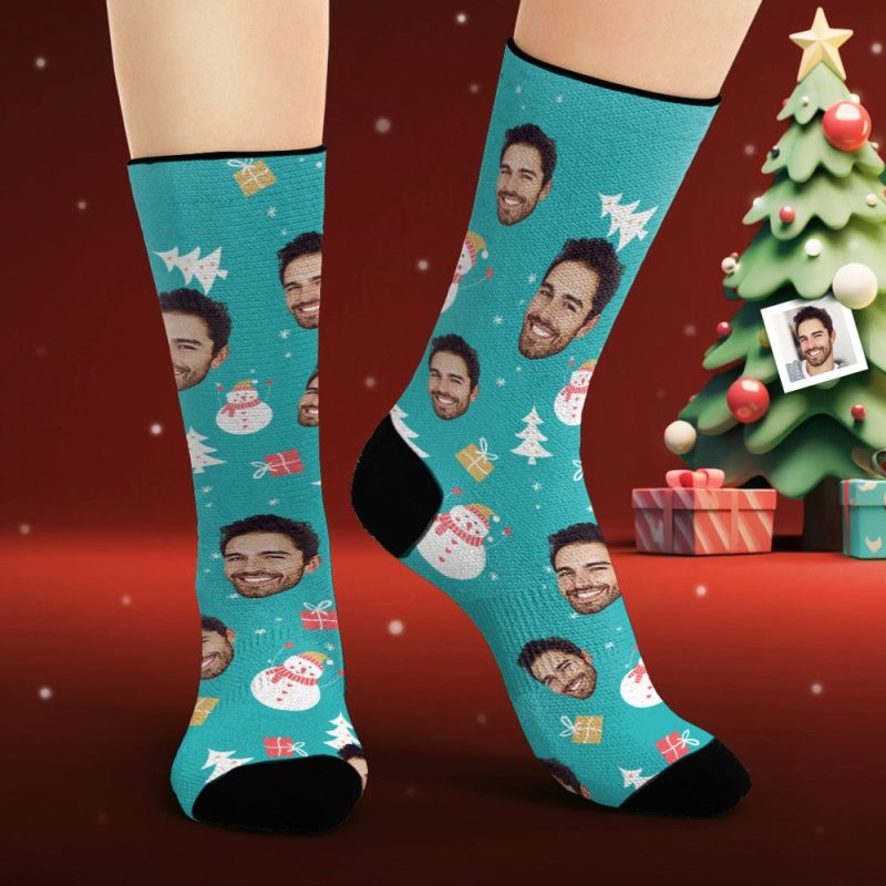 Custom Face Socks Personalized Photo Blue Socks Snowman Merry Christmas