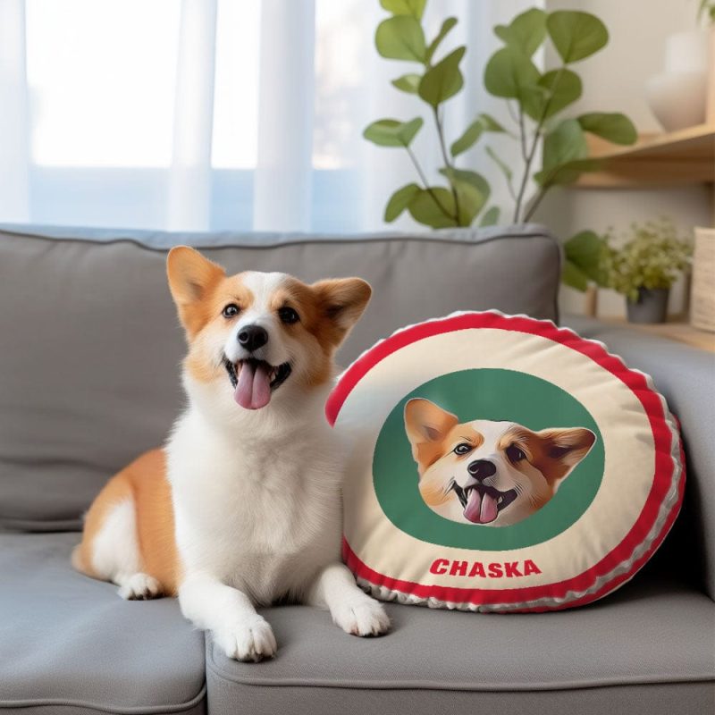 Custom Round Shape Pillow Personalized Pet Photo with Name Gift for Pet Lover – Red & Green