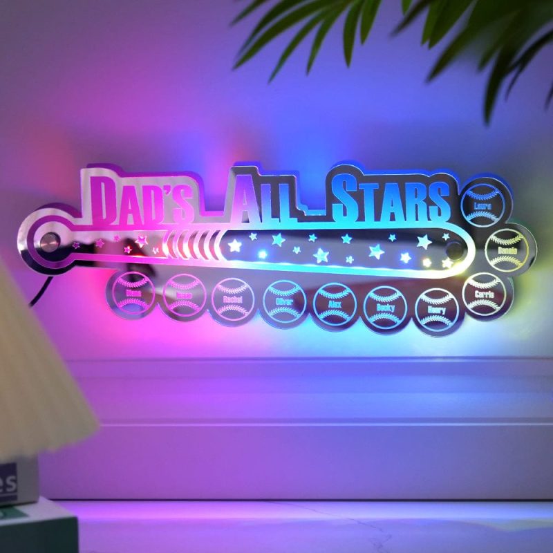Custom Dad Baseball Mirror Light with Family Name Personalized Gift for Dad