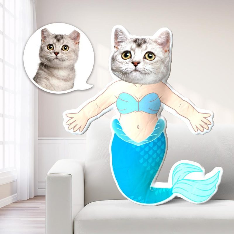 Mermaid Photo Pillow Cat Face Pillow Personalized Mermaid Pillow Custom Pillow Mermaid Costume MiniMe Doll Gift For Kid