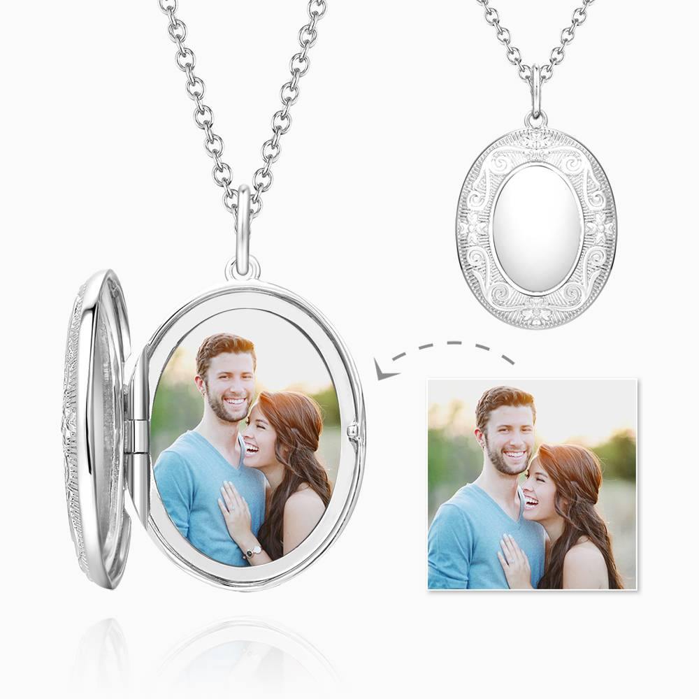 Oval Photo Locket Necklace With Engraving Name Embossed Platinum Plated