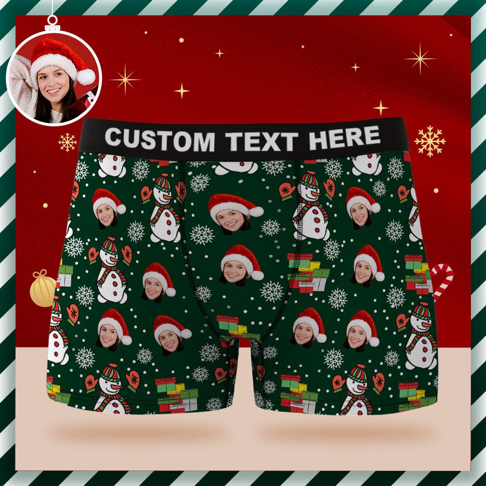 Custom Face Boxer Briefs Personalized Green Underwear Snowman Merry Christmas Gifts for Him - Image 2