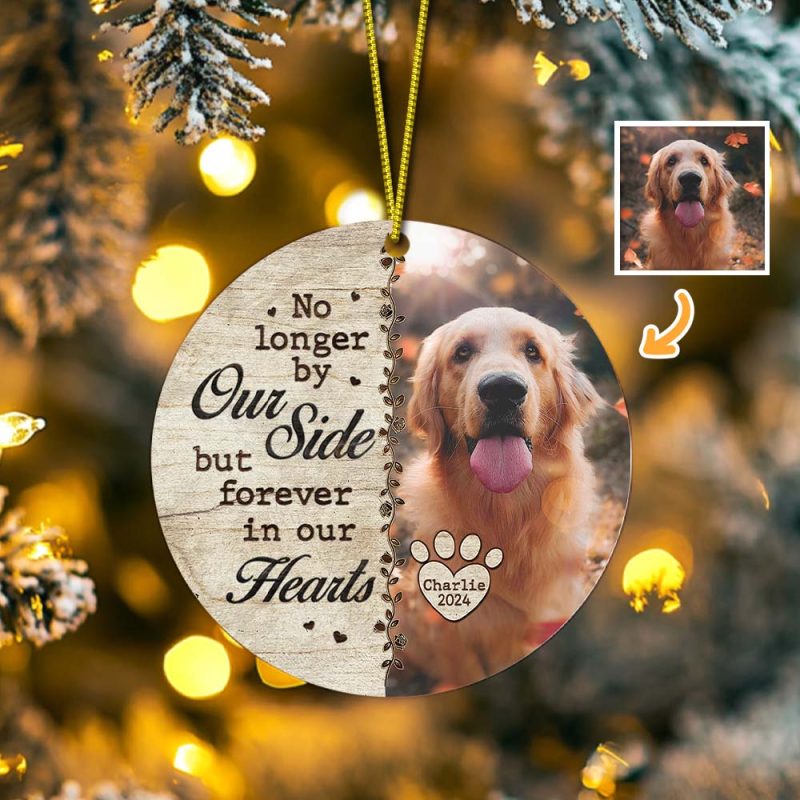Custom Photo No Longer By Our Side – Memorial Personalized Custom Ornament – Ceramic Round Shaped – Christmas Gift, Sympathy Gift For Pet Owners, Pet Lovers