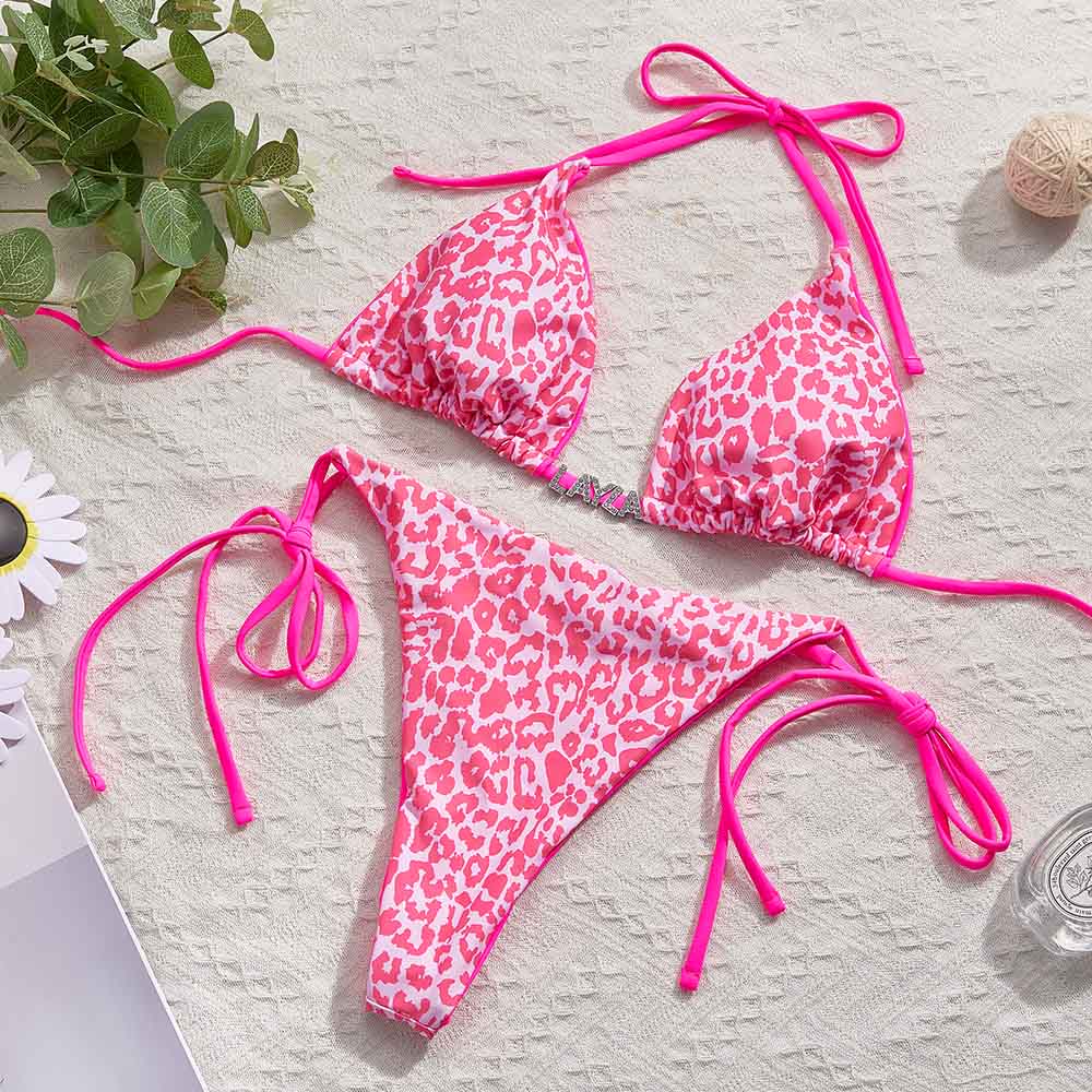 Custom Name Leopard Triangle Halter Bikini Sets Personalized Sexy DIY Crystal Letters Bikini - Image 2