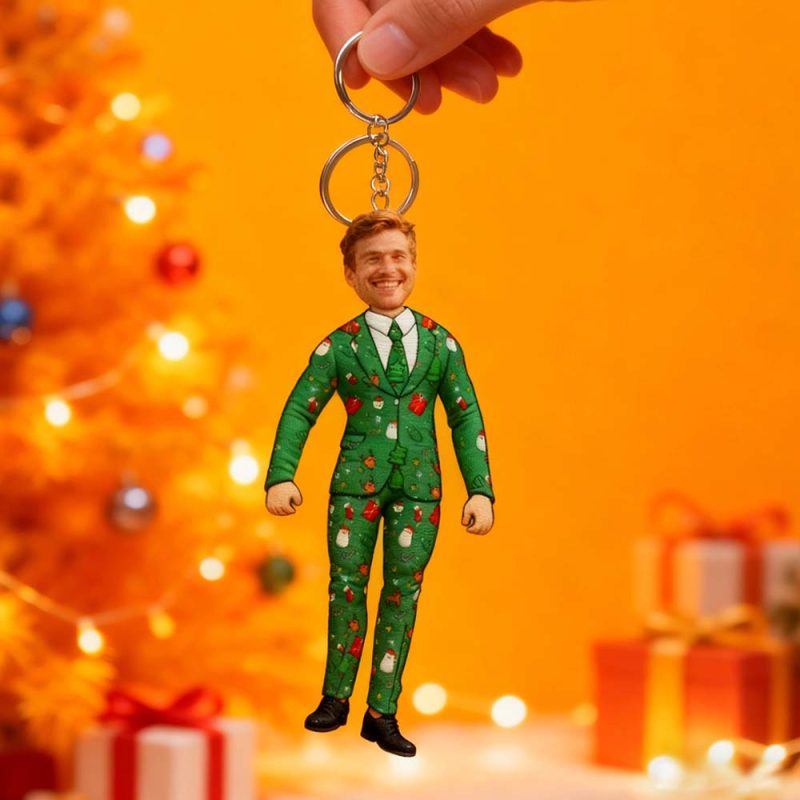 Custom Face Christmas Suit Doll Keychain Personalized Holiday Mini Figure Gift For Him
