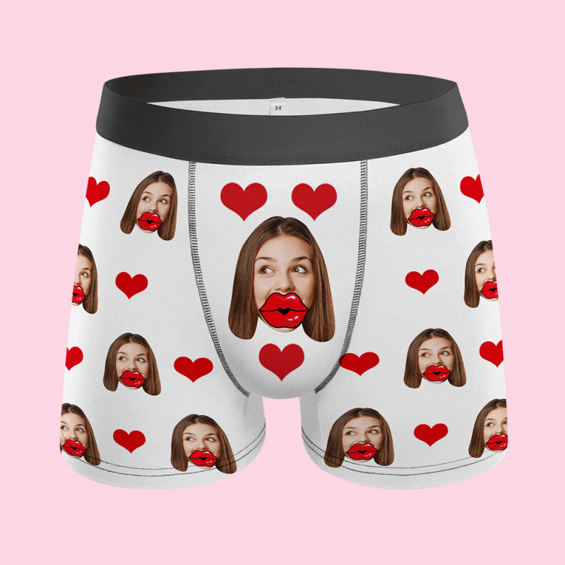 Custom Face Red Lips and Heart Boxer Personalized Valentine’s Day Gift For Him