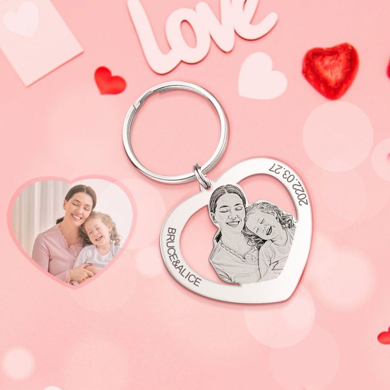 Heart-shaped keychain Photo Engraved Keychain Gift for Mother